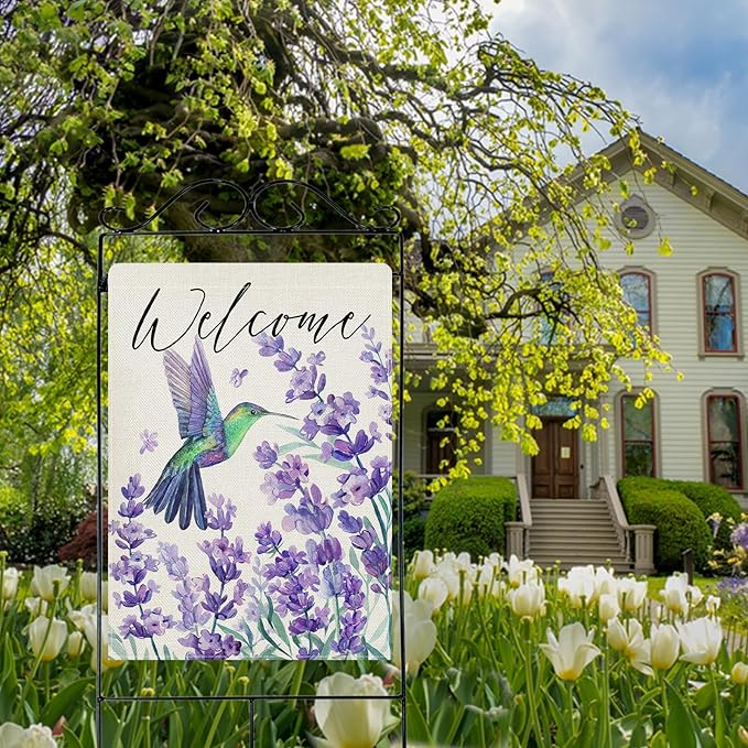 Dyrenson Welcome Spring Summer Hummingbird Lavender 28 x 40 House Flag Double Sided, Purple Flower Floral Garden Yard Decorations, Seasonal Burlap Outdoor Decor Decorative Large Flag