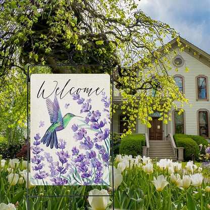 Dyrenson Welcome Spring Summer Hummingbird Lavender 28 x 40 House Flag Double Sided, Purple Flower Floral Garden Yard Decorations, Seasonal Burlap Outdoor Decor Decorative Large Flag