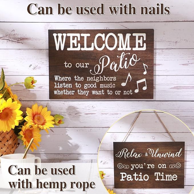 Yalikop 2 Pack Outdoor Patio Decor Signs Hanging Boho Wall Art Wood Outdoor Decorations for Patio Farmhouse Porch Backyard Welcome Deck Balcony for Home Front Accessories, 12 x 8 Inch(Brown)