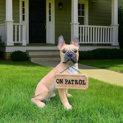Elegant French Bulldog Dog Sculpture with Solar Lantern & Double-Sided 'On Patrol' & 'Welcome' Signposts – Premium Resin Statue for Outdoor Garden, Patio, Yard Decoration