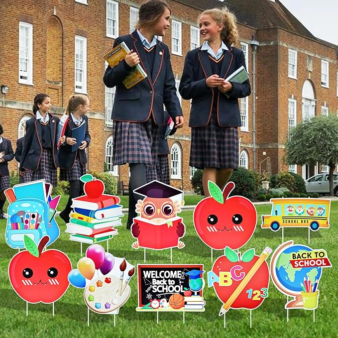 10-Piece Set Back to School Yard Signs with Stakes, Assorted Apple, Owl, and School Bus Designs for Outdoor Garden and Lawn Decoration, 11.7 x 11.8 Inches Plastic Signs for Welcome School Party Favor