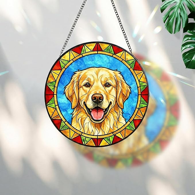 Stained Glass Dog Memorial Suncatcher,Golden Retriever Window Hanging,Sympathy Gifts for Pet Loss,7.9 inch/20 cm Home and Garden Decor for Dog Lovers