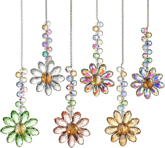 HDCRYSTALGIFTS 6PCS 12.5'' Crystal Sunflower Suncatchers for Window Hanging, Window Sun Catchers Crystals Rainbow Maker Light Catcher Indoor Outdoor Garden Decor Glass Ornaments for Christmas Tree