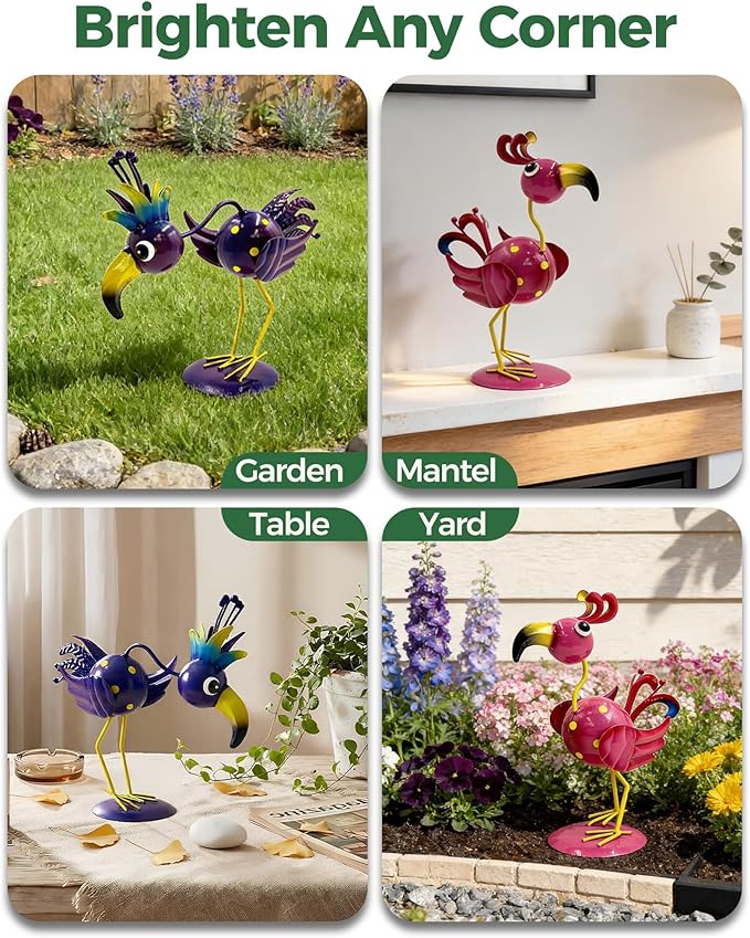 Whimsical Metal Bird Garden Statues Set of 2, Colorful Outdoor Yard Art with Stakes, Weather-Resistant Metal Bird Figurines for Garden Lawn Patio Decor, Cute Garden Gift