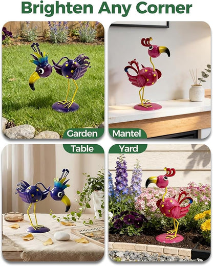Whimsical Metal Bird Garden Statues Set of 2, Colorful Outdoor Yard Art with Stakes, Weather-Resistant Metal Bird Figurines for Garden Lawn Patio Decor, Cute Garden Gift