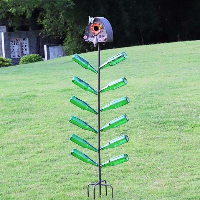 Metal Bird House and Wine Bottle Tree, 2 in 1, Bird Houses with Bottles Tree for Outside,As Garden Yard Decoration for Exterior Party Landscape Decoration