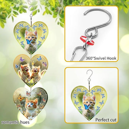 Wind Spinners Outdoor, Bird Repellent，3D Hearts Cat Pattern Hanging, 15 inches, Kinetic, Stainless-Steel Metal, Indoor and Outdoor Decoration for Garden, Patio, Yard, Gift for Women Mom Wife.