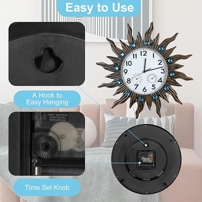 Garden Outdoor Clocks with Thermometer and Hygrometer Combo, Silent No-Ticking Outdoor Wall Clocks, Waterproof Outdoor Clocks Vintage Copper Sun, 18.5 Inch