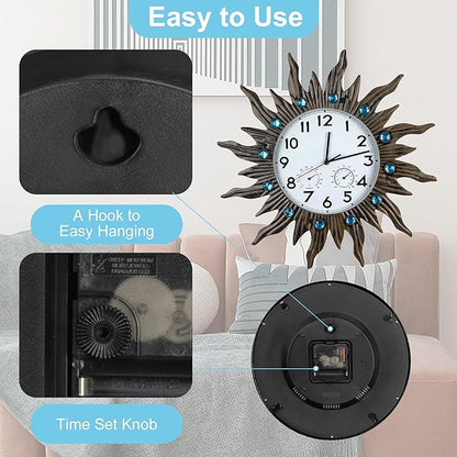 Garden Outdoor Clocks with Thermometer and Hygrometer Combo, Silent No-Ticking Outdoor Wall Clocks, Waterproof Outdoor Clocks Vintage Copper Sun, 18.5 Inch