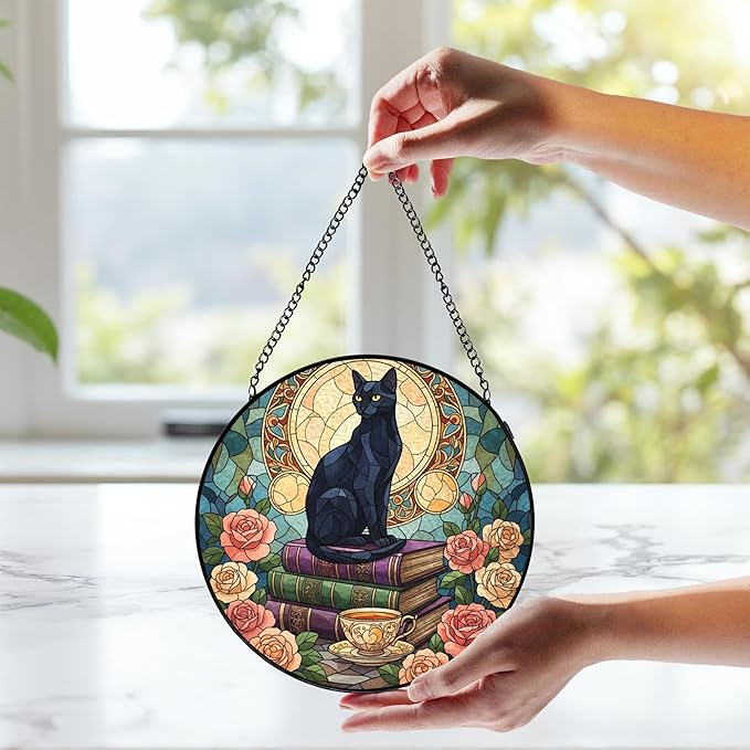 Black Cat Floral Book Stained Glass Window Hanging, Black cat suncatcher,Beautiful Flowers Book Lovers Stained Glass Suncatcher, Book Reader Gifts Round Wall Hanging Decor, 7.9x7.9in