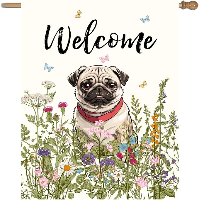Floral Pug Garden Flag Spring Summer House Flags 28 x 40 Double Sided Flower Dog Yard Flags for Outside Large Outdoor Welcome Flags