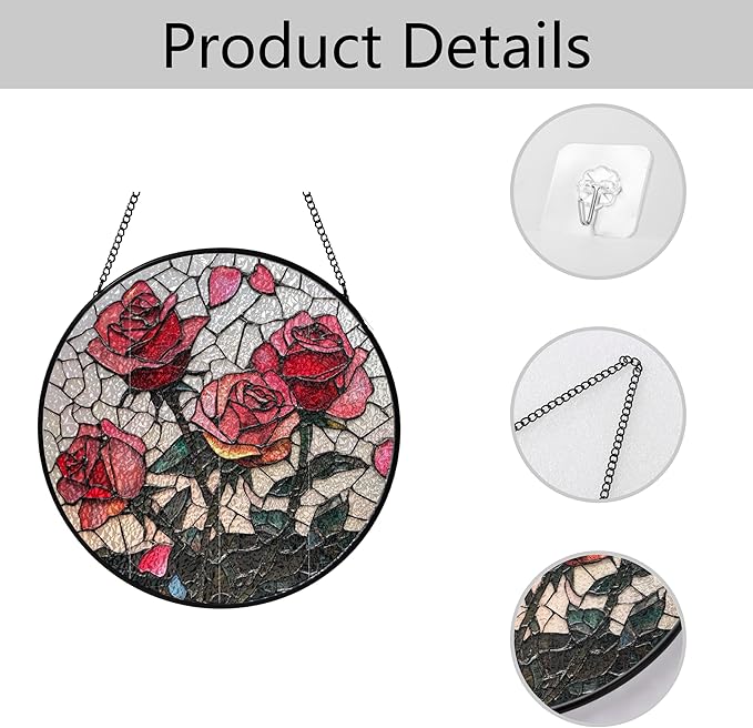 Pink Red Roses Stained Glass Window Hanging Suncatchers Valentine Roses Glass Panel Hangings Vintage Floral Window Decor Flowers Lovers Gift for Women Mom Spring Garden Nature Ornament 11.8inch