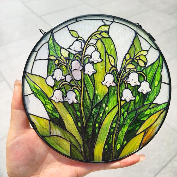 Stained Glass Window Hanging, Lily of The Valley Flower Diamond Glass Panel Suncatcher Green Plant Sun Catchers for Home Garden Balcony Window Decor, Plant Lover Gifts (9.8 Inch)