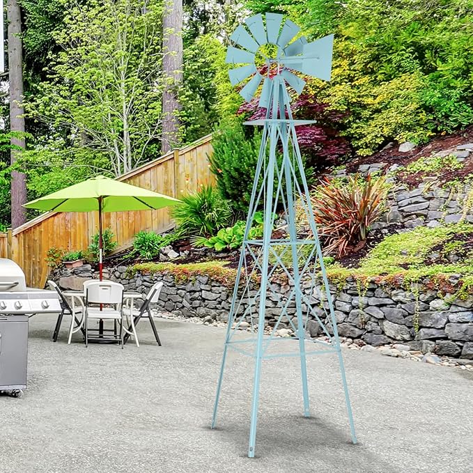 Metal Windmill for Garden Yard Decor, 8ft Tall Windmill Pinwheels Outdoor with Spinning Blades, Weather Vanes Lawn Ornaments, Weather-Resistant, Blue