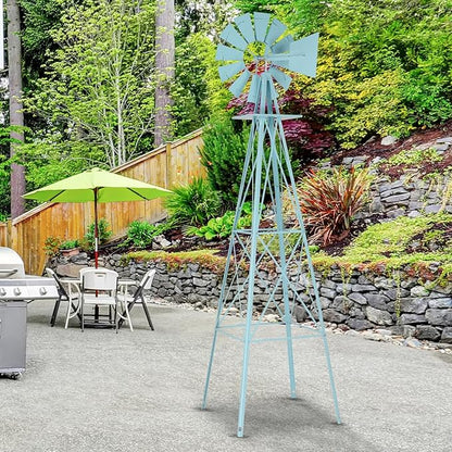 Metal Windmill for Garden Yard Decor, 8ft Tall Windmill Pinwheels Outdoor with Spinning Blades, Weather Vanes Lawn Ornaments, Weather-Resistant, Blue