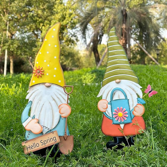 Metal Gnome Decorative Garden Stakes,23.8” Set of 2 Spring Garden Gnomes Outdoor Decor with Flower Butterfly Watering Can Ornament, Gnomes Decorations for Yard Lawn Backyard Porch Outside Decorations