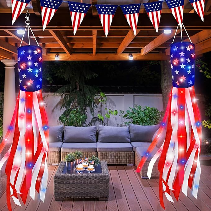 2 Pack 60 Inch American Flag Windsock with Red White Blue LED Lights, 250th Anniversary USA 4th of July Decorations Wind Socks for Outside, Patriotic Memorial Day Independence Day Decor