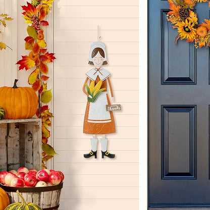 Glitzhome Thanksgiving Yard Stakes Metal Pilgrim Girl Yard Signs Hanging Wall Decors for Thanksgiving Fall Harvest Outdoor Decorations, 36" H