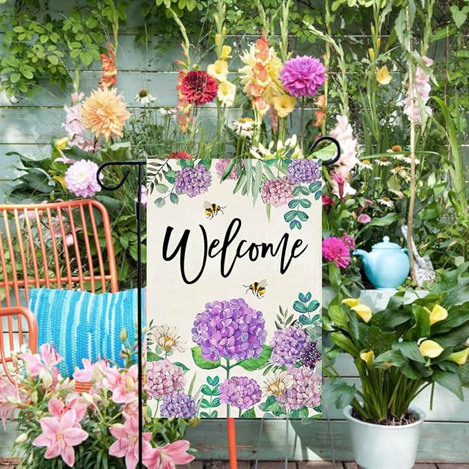 Baccessor Spring Hydrangea Garden Flag Double Sided 12x18 Inch, Summer Purple Flower Floral Welcome Small Yard Flag Burlap Seasonal Farmhouse Yard Outdoor Decoration