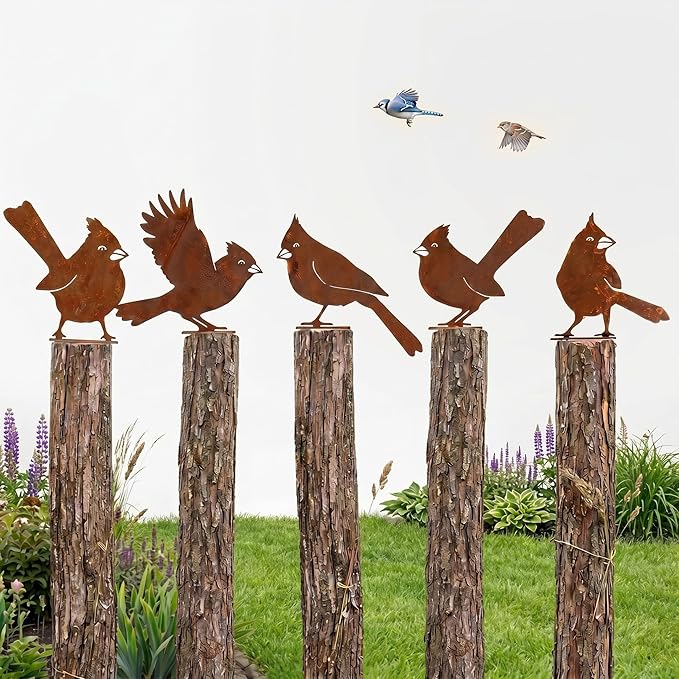 5PCS Rusty Metal Cardinal Silhouettes Outdoor Garden Statues, Rustic Bird Yard Art for Fence Patio, Spring Garden Ornaments (Vintage Rusted Finish, Not Defects)