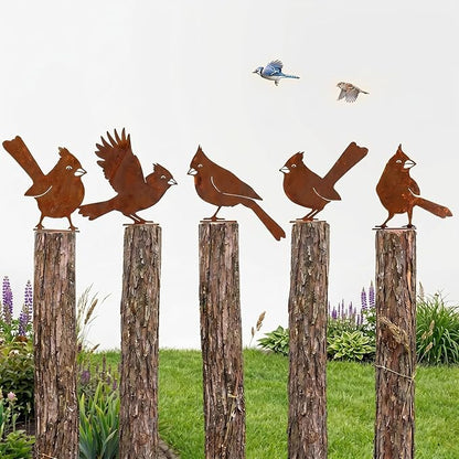 5PCS Rusty Metal Cardinal Silhouettes Outdoor Garden Statues, Rustic Bird Yard Art for Fence Patio, Spring Garden Ornaments (Vintage Rusted Finish, Not Defects)