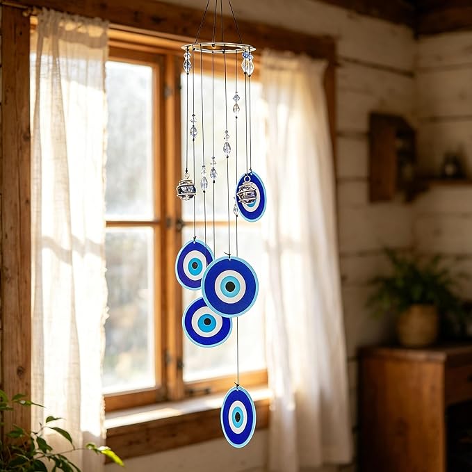 YU FENG Blue Evil Eye Wind Chimes for Outside 19" Hanging Ornament Metal Windchimes Outdoors Garden Decoration