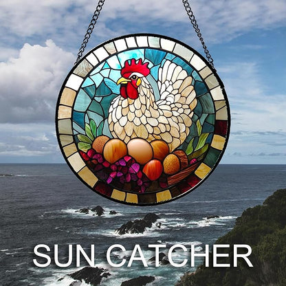 DASTOLL Stained Glass Window Hanging White Chicken Hatching Eggs 9.8" - Suncatcher Door Garden Sunroom Sun Catcher Home Decor Birthday Christmas for Mom Men Woman Nana