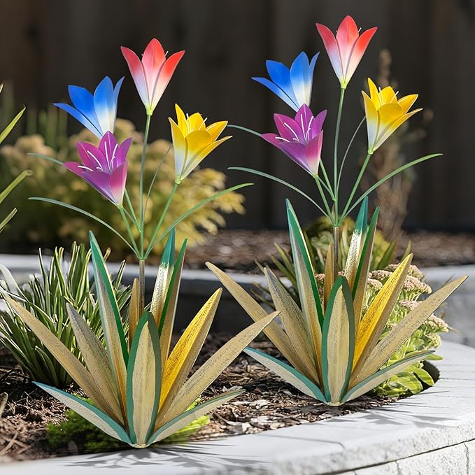 TOMBABY 32.28 Inch Metal Agave Plant Outdoor Decoration Lily Mexican Yard Art Garden Gift Home Decor Hand Painted Metal Agave Garden Yard Statue (2, Grass Green)