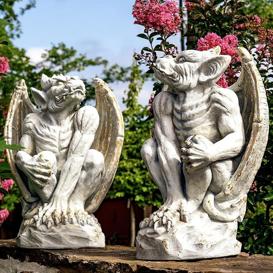 Zaer Ltd. Set of 2 Gothic Gargoyle Garden Statues, 28.4 Inch Tall Outdoor Sculptures (Distressed Gray)
