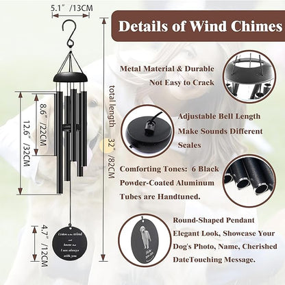 Personalized Dog Memorial 32" Wind Chimes for Outside - Sympathy Gift with Custom Photos for Loss Pet - Adjustable Mute Sound Memorial Gifts for Loss of Dog Laser Engraving,Not Easy to Fade