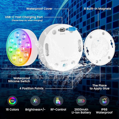 LOFTEK Submersible Pool Lights with Remote, Rechargeable LED Pool Light, Underwater Pool Light, 16 Color Changing Floating Pool Lights for Pool, Shower, Hottub, Pond, Bathroom (4 Pack)