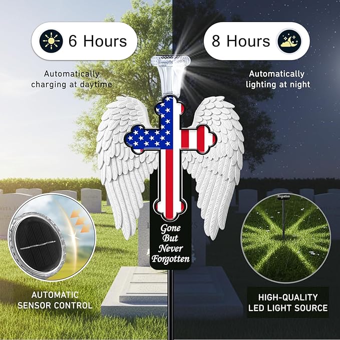 Solar Memorial Cross with Angel Wings - Patriotic American Flag Cemetery Decorations - Waterproof LED Grave Marker, Veterans Day & Father's Day Sympathy Gift for Loss of Loved One(Angel Wings)