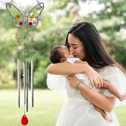 Mom Butterfly Wind Chime with Pressed Flowers - Floral Hanging Wind Chimes for Mom - Mother's Day, Birthday for Mother - Decorative Garden or Window Gift - 20 Inch Long