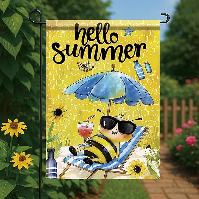 Summer Garden Flag 12x18 Inch Hello Summer Bee Honeycomb Beach Chair Sunglasses Cute Cartoon Design Outdoor Yard Porch Lawn Patio for Seasonal Farmhouse Home Decor