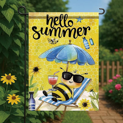 Summer Garden Flag 12x18 Inch Hello Summer Bee Honeycomb Beach Chair Sunglasses Cute Cartoon Design Outdoor Yard Porch Lawn Patio for Seasonal Farmhouse Home Decor
