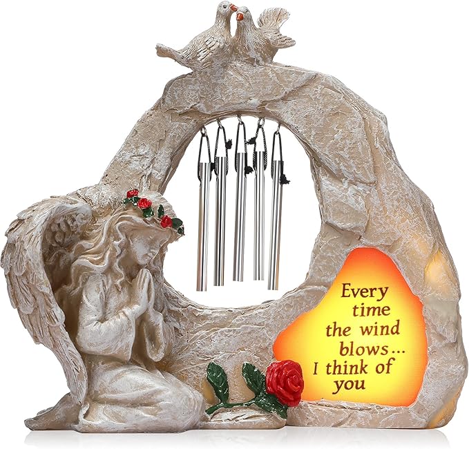 Jetec Praying Angel Wind Chime Statue Garden Angel Memorial Wind Chime Statue Mini Home Decor Resin Figurines Solar Figurines Light for Home Garden Decoration(Elegant Style)