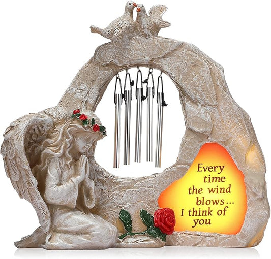 Jetec Praying Angel Wind Chime Statue Garden Angel Memorial Wind Chime Statue Mini Home Decor Resin Figurines Solar Figurines Light for Home Garden Decoration(Elegant Style)
