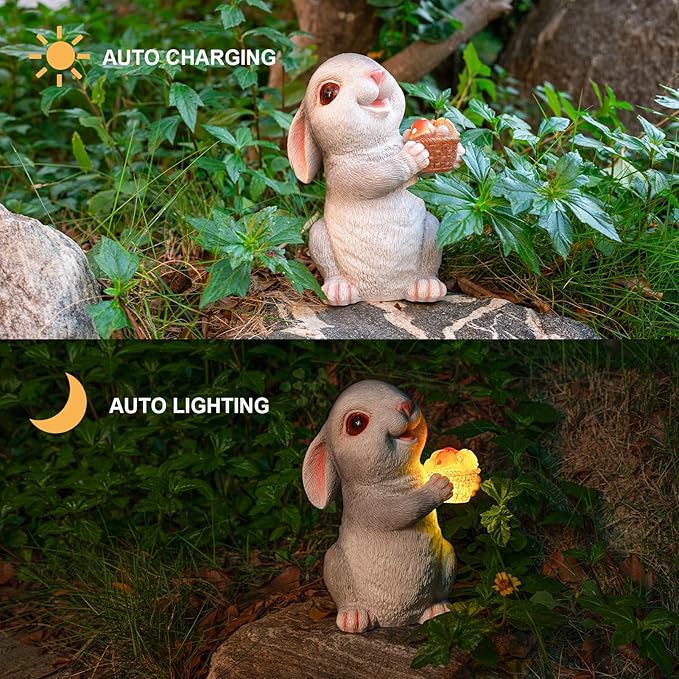 Solar Rabbit Garden Statues Outdoor Decor Resin Bunny Figurine Holding Mushroom with LED Lights for Porch Patio Lawn Yard Christmas Housewarming Gardening Gifts for Mom Grandma