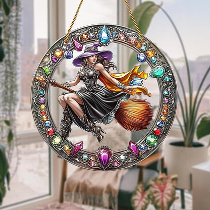 8x8 inch Charming The Witch Rides A Broom Acrylic Stained Glass Window Hanging Sun Catcher Decor Stained Panel Hangings Wall Art Decor, for Friends and Family (Witch Broom)