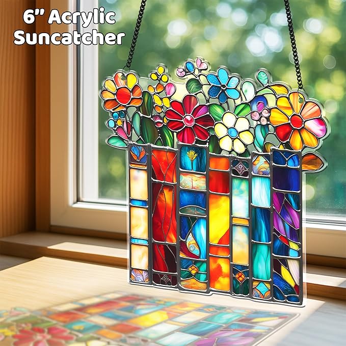 2 Book Floral Shelf Suncatchers 6" Window Hanging Acrylic Ornaments Back to School Teacher Appreciation Gift, Xmas Book Lover Gifts for Women Librarian Readers Bookshelf Decor Stocking Stuffer SS345