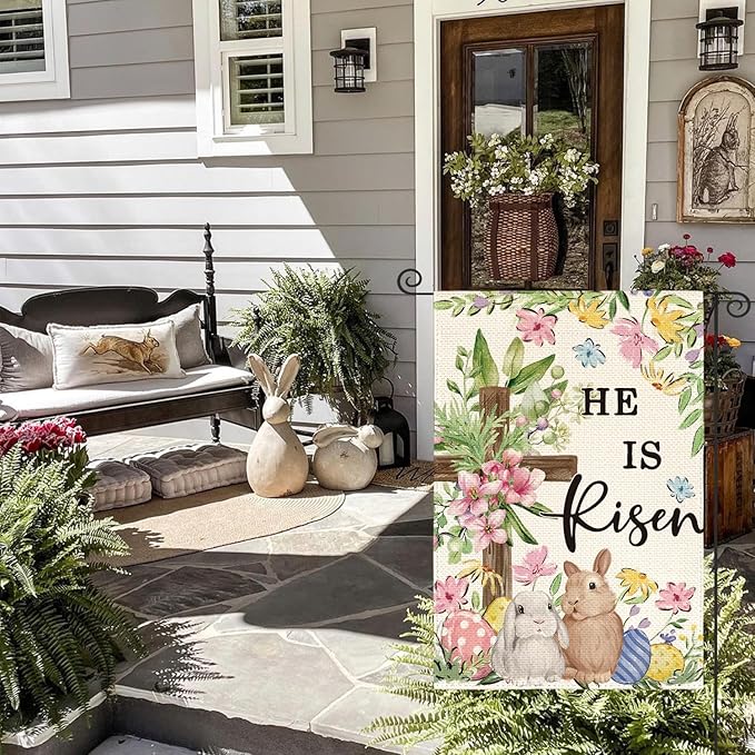 AVOIN colorlife He Is Risen Easter Garden Flag 12x18 Inch Double Sided Outside, Bunnies Flowers Cross Yard Outdoor Decoration