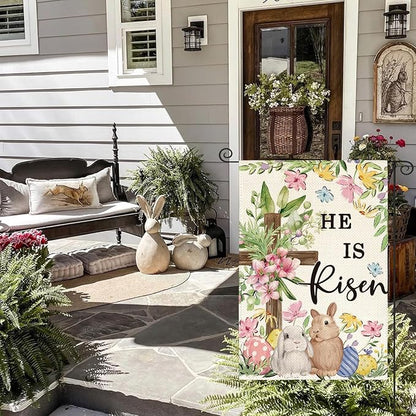 AVOIN colorlife He Is Risen Easter Garden Flag 12x18 Inch Double Sided Outside, Bunnies Flowers Cross Yard Outdoor Decoration