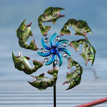 58" Metal Green Fish Wind Spinners Garden Stake -Ocean Theme Windmill Outdoor Decorations, Colorful Garden Wind Spinner Outside Decor, Wind Sculptures Lawn Decor for Yard Patio, Backyard