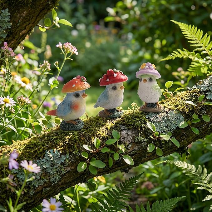 Set of 3 Mushroom Bird Figurines, Cute Resin Small Garden Statues, Outdoor Fairy Garden Accessories Patio Yard Lawn Decor, Indoor Flower Plant Pots Table Shelf Decorations for Home