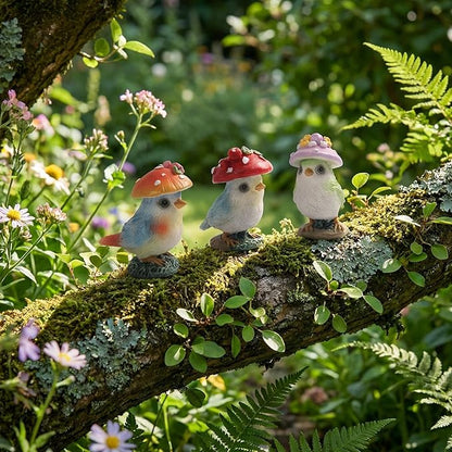 Set of 3 Mushroom Bird Figurines, Cute Resin Small Garden Statues, Outdoor Fairy Garden Accessories Patio Yard Lawn Decor, Indoor Flower Plant Pots Table Shelf Decorations for Home