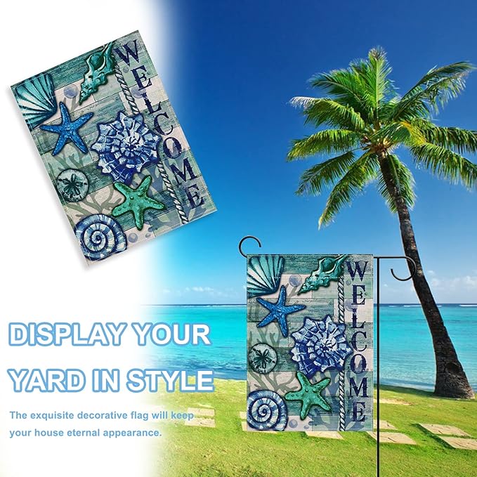 Home Decorative Welcome Summer Coastal Garden Flag, Nautical House Yard Tropical Conch Starfish Shell Beach Outside Decor, Spring Blue Ocean Sea Outdoor Small Decoration Double Sided 12x18