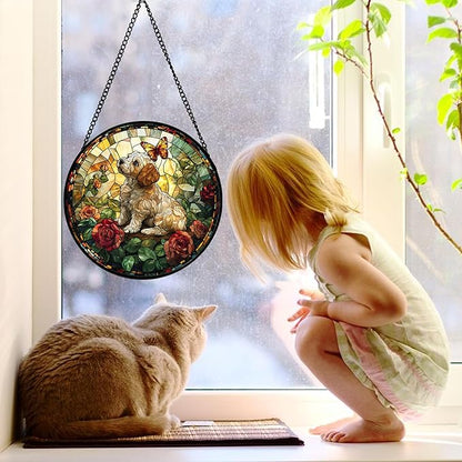 DASTOLL Stained Glass Window Hanging, Cute Dog and Flowers Suncatcher for Doors Home Butterfly Sun Catchers Decoration and Christmas, Mother's Day Birthday Gifts for Women, Men, and Mom 9.8 in