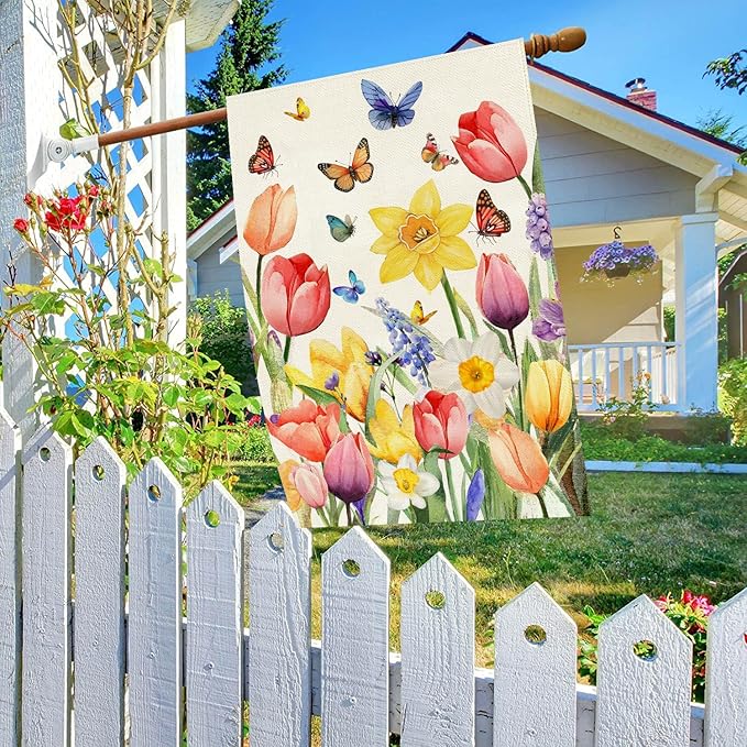 Baccessor Spring Easter Tulip House Flag Double Sided 28x40 Inch Burlap,Daffodil Floral Butterflies Large Garden Flag Porch Patio Front Entry Yard Seasonal Farmhouse Outside Outdoor Decor