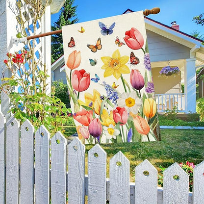 Baccessor Spring Easter Tulip House Flag Double Sided 28x40 Inch Burlap,Daffodil Floral Butterflies Large Garden Flag Porch Patio Front Entry Yard Seasonal Farmhouse Outside Outdoor Decor