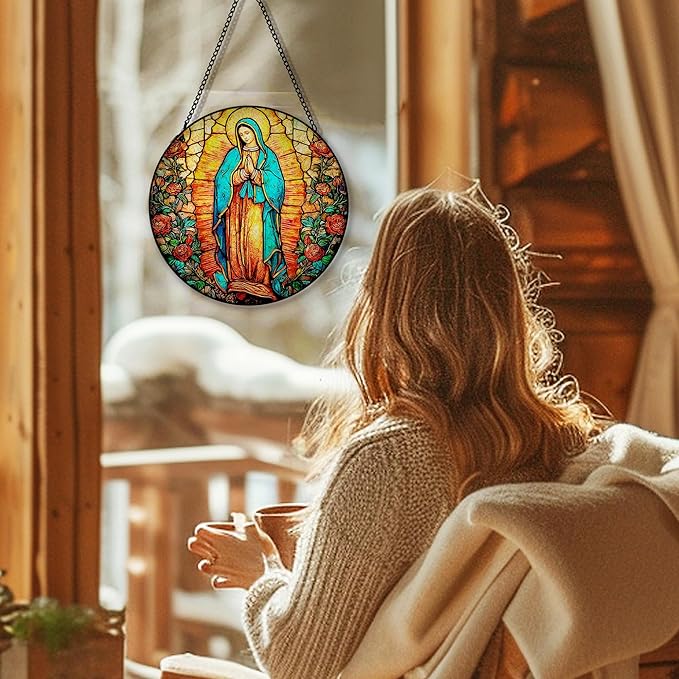 Our Lady of Grace Suncatcher Stained Glass Window Hanging, Christian Virgin Mary Flower Sun Catchers Indoor Window Glass Round Wall Decor, Catholic Rose Wall Art Hanging Decorations, ＂7.8x7.8＂